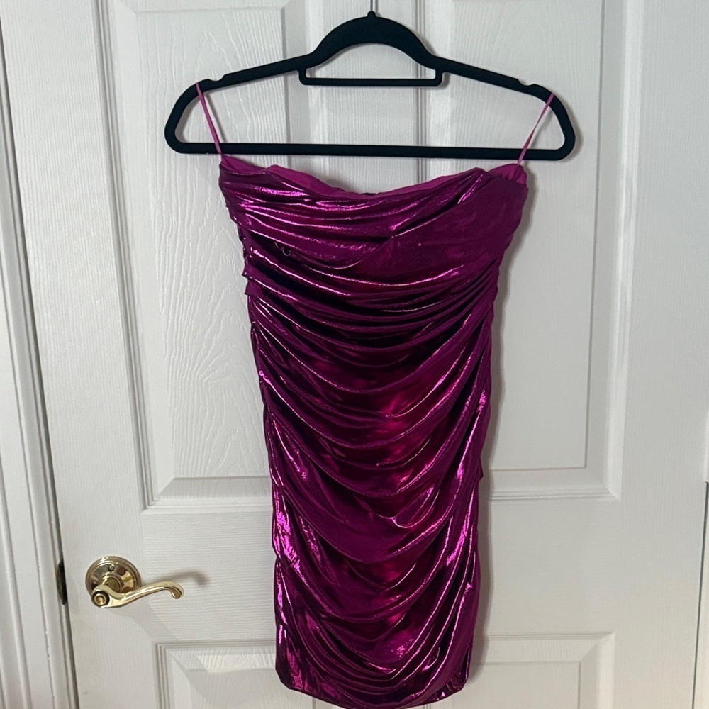 NWT ASTR Vibrant Pink Shimmer Dress mini bandage MEDIUM strapless